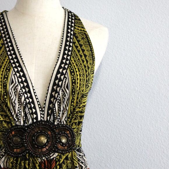 ECI GEOMETRIC DESIGN MAXI DRESS V NECK BEADED SIZE 8 YELLOW PINK ORANGE & BLACK - Picture 5 of 11